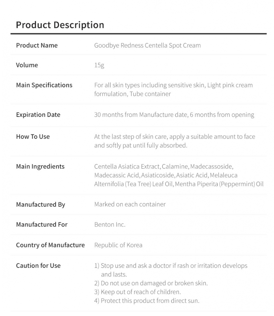 BENTON - CREMA Good bye Redness Centella Cica Spot