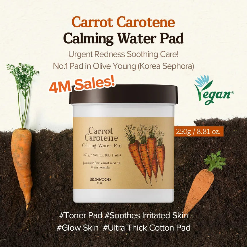 SKINFOOD - Carrot Carotene Calming Water Toner Pads 60 Pads | Pads Calmantes Coreanos con Zanahoria