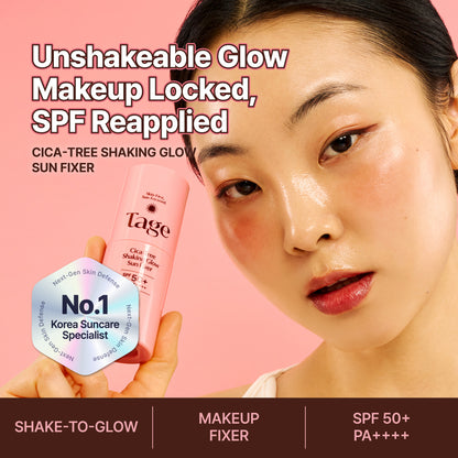 TAGE - CICA-TREE Shaking Glow Sun Fixer SPF50+ PA++++ 50ml | Protector Solar en Bruma con Glow y Fijador de Maquillaje