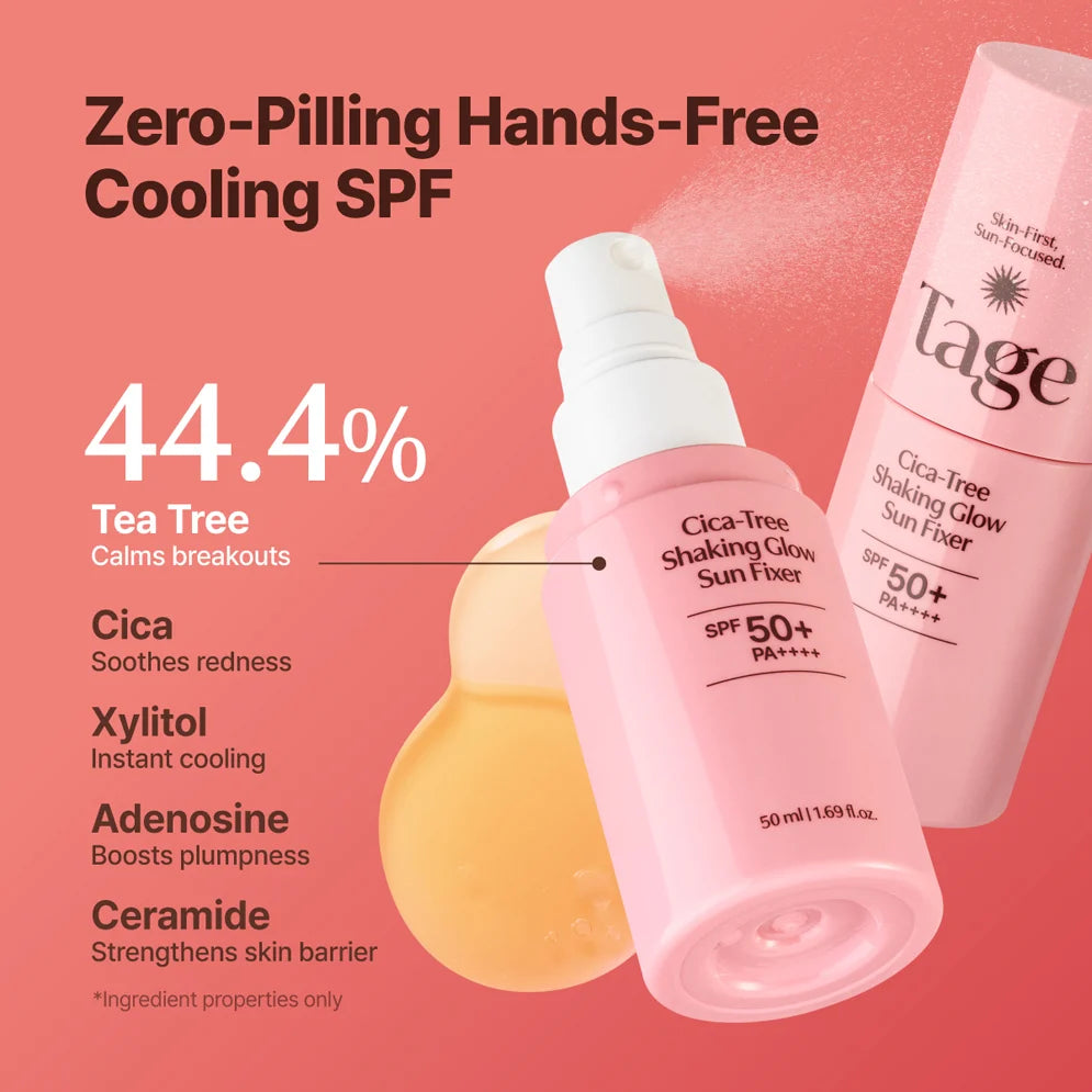 TAGE - CICA-TREE Shaking Glow Sun Fixer SPF50+ PA++++ 50ml | Protector Solar en Bruma con Glow y Fijador de Maquillaje